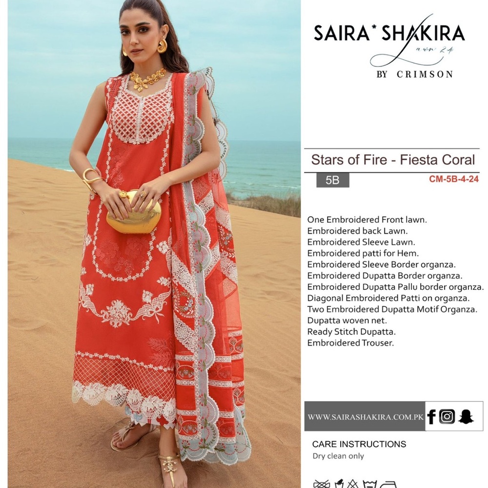 Coral Embroidered Lawn Dress with Dupatta